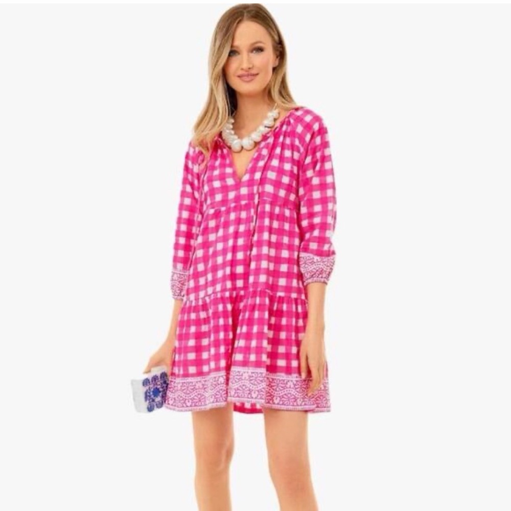 Tuckernuck Hot Pink and White Gingham Tiered Mini Dress